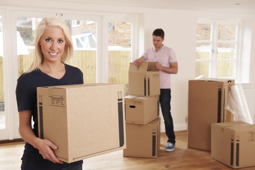 Packed boxes and furniture ready for removal truck loading